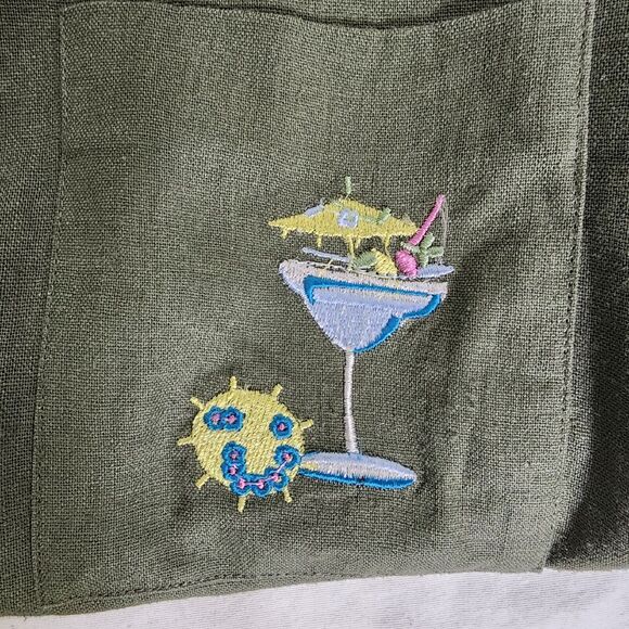 AKC Womens Top Large Green Linen Blend Embroidered Cocktails Tiki Button Pocket - Picture 5 of 10